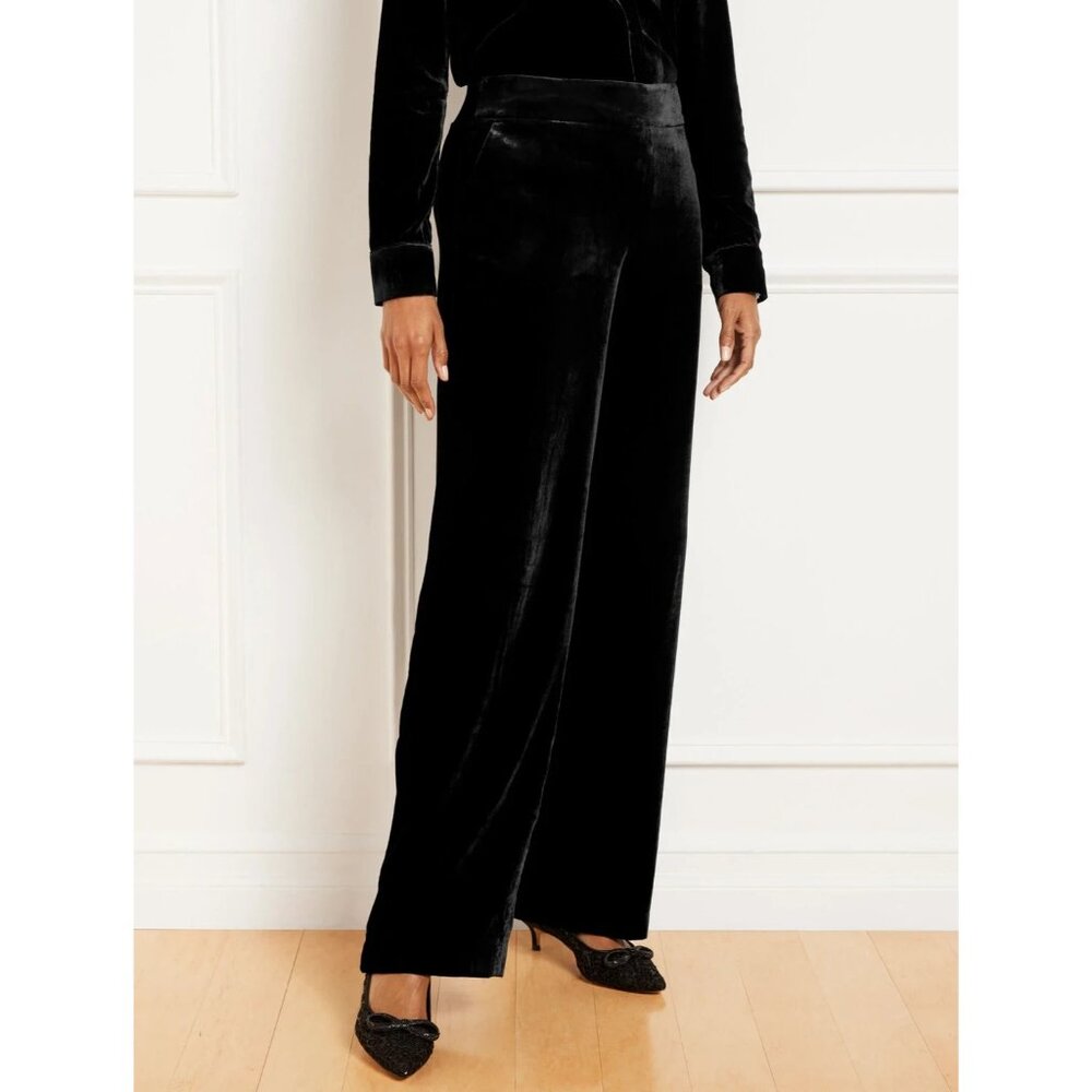 Talbots Dress Pants 10P Black Velvet Flat Front Side Zip Classic Wide Leg $139